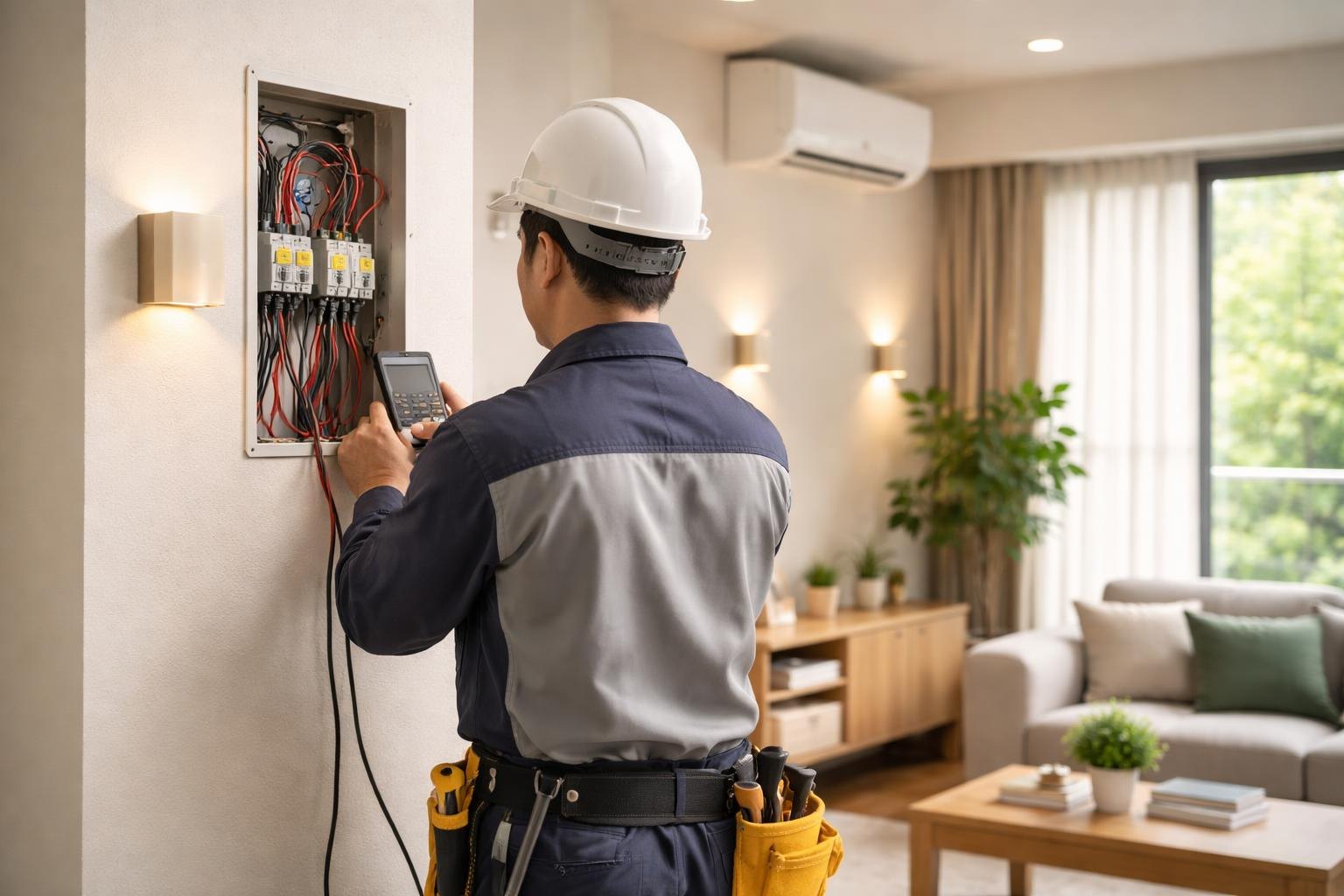示意圖:住宅室內水電與冷氣安裝施工場景,展示管理與升級配線情形。